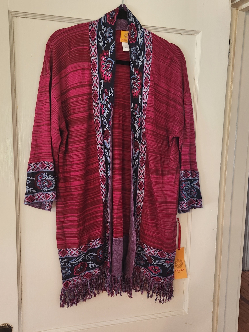Ruby ROAD Boho Open Front Fringe Cardigan - Berry Floral  Trim DUSTER LARGE NWT